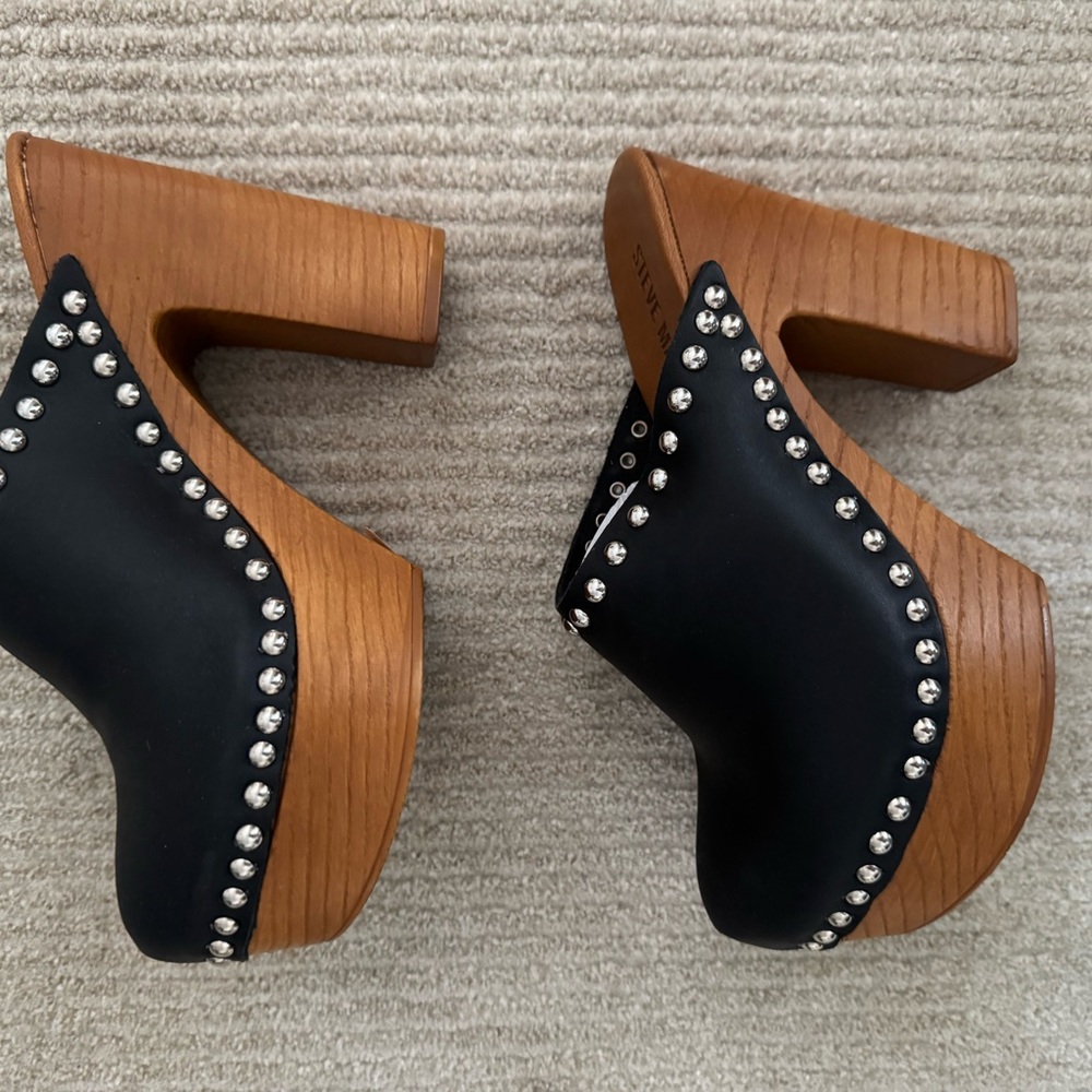 NIB Steve Madden Black Studded Mules with Wooden Heel
